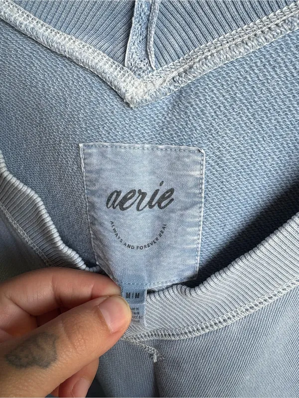 Aerie Light Blue Distressed V Neck Comfy Sweatshirt - Image 3