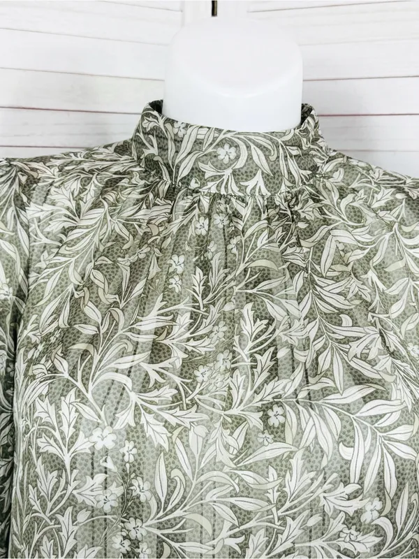 H&M Floral Pleated Mock Neck Blouse Green Cream Large Sheer Satin Office Boho - Image 6