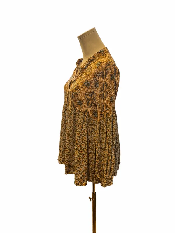 Easel Boho Mixed Print Babydoll Tunic Top Size Medium Brown Olive Mustard - Image 2