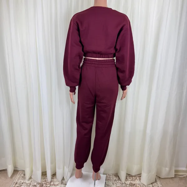 Zenana 2 Pcs Crop Sweatshirt Tracksuit Jogger Pants Set Outfit Active Loungewear LG Burgundy - Image 5