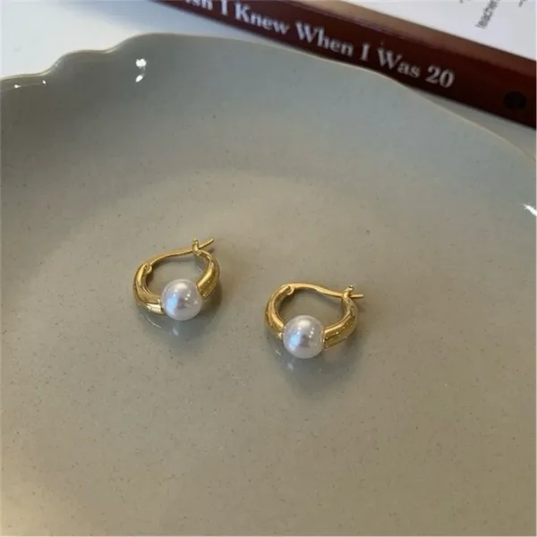 18K Gold Plated White Pearl Hoop Earrings for Women, Pearl Earrings - Image 2