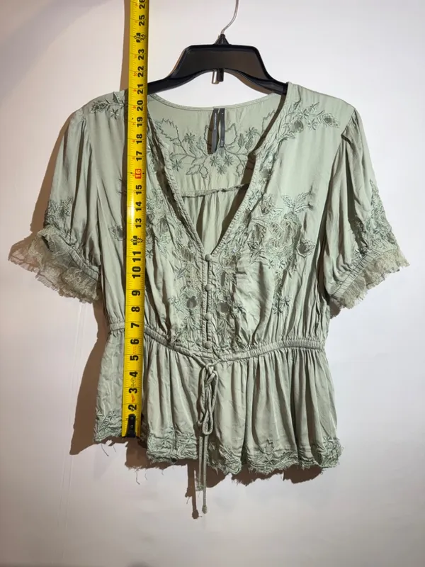 Anthropologie Blue Floral Embroidered Lace V Neck Peplum Blouse Size M - Image 7