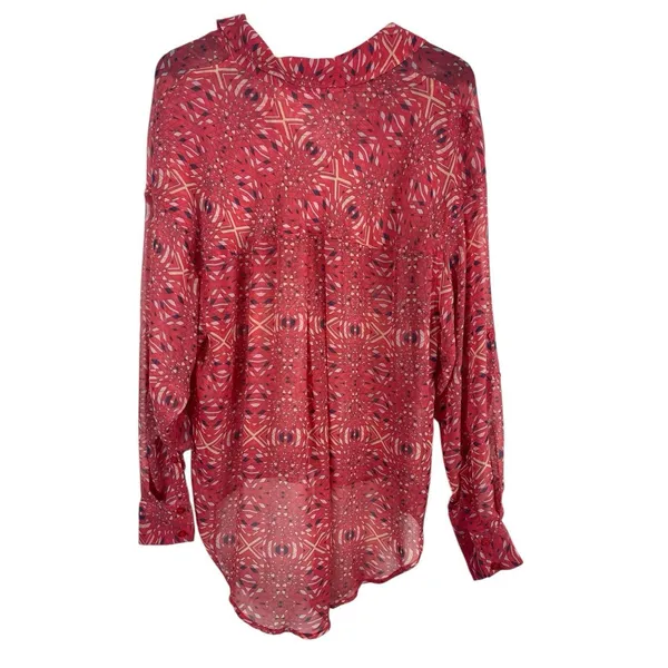 Free People Bright Red/Pink Boho Slouchy Sheer Hi Low Button Up Top S - Image 3