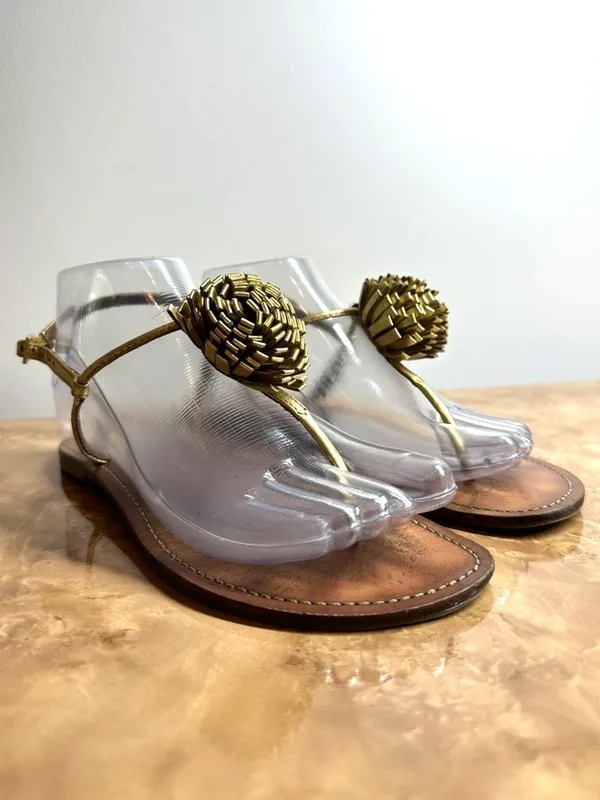 Tory Burch Gold Leather Pom Pom Thong Sandals Size 7.5M Metallic Leather - Image 2