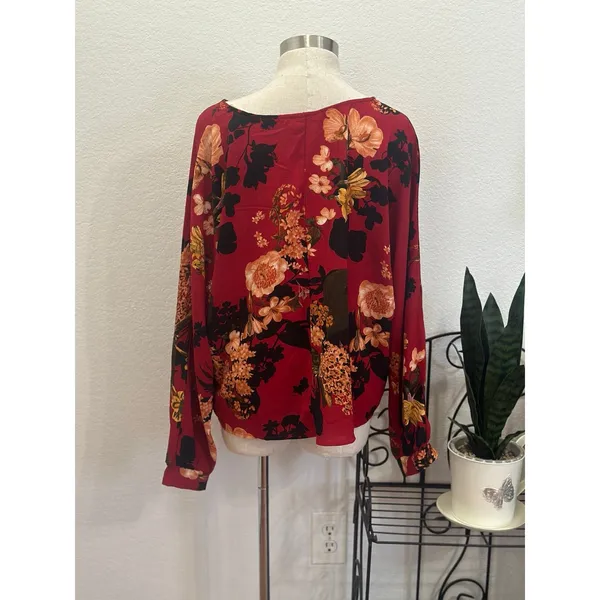 Umgee Floral Tie Front Blouse‎ Burgundy Red Long Sleeve V Neck Top - Image 4