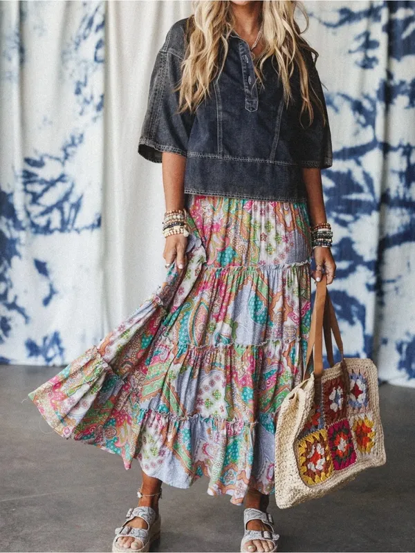 NEW Three Bird Nest Saddle Up Cotton Boho Oversized Coastal Cowgirl Denim Top S - Image 2