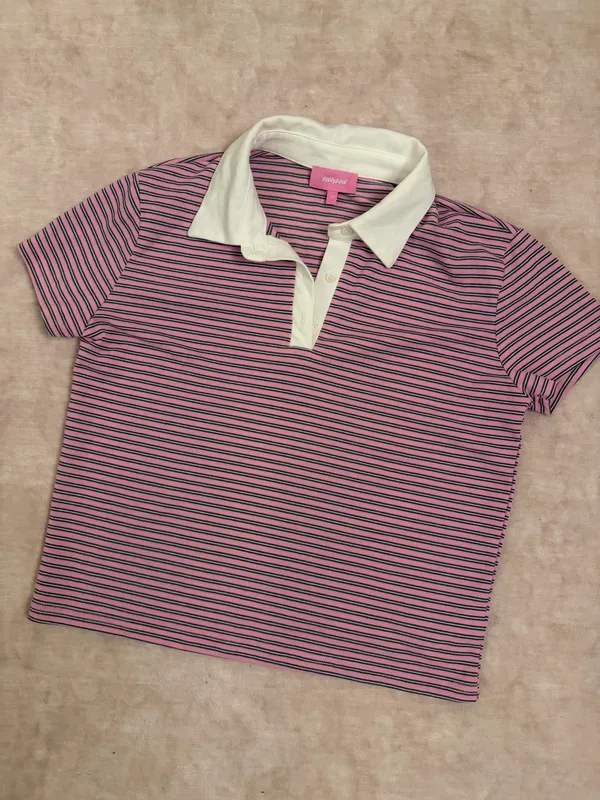 Pink Striped Collared Edikted T-Shirt - Image 3