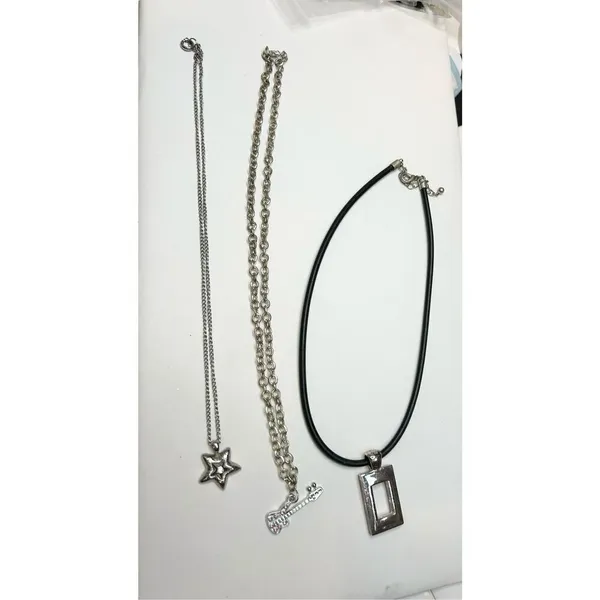 Three silver toned necklace set - guitar pendant, dog paw and square pendant s - Image 2