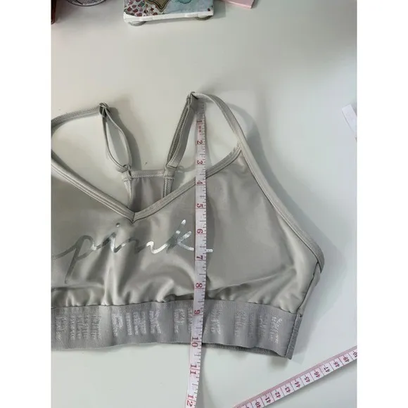 Victorias Secret PINK‎ Silver Metallic Logo Sports Bra Gray Racerback Medium - Image 7