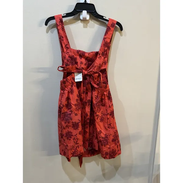 Free People Meet Me In Maui Red Printed Dress Size Medium Pinafore Bow - Image 5