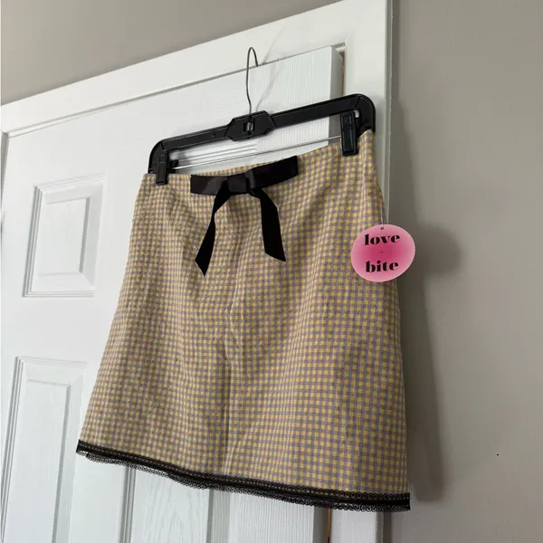 Y2K Gingham Satin Bow Plaid Lace Trim Mini Skirt - Image 5
