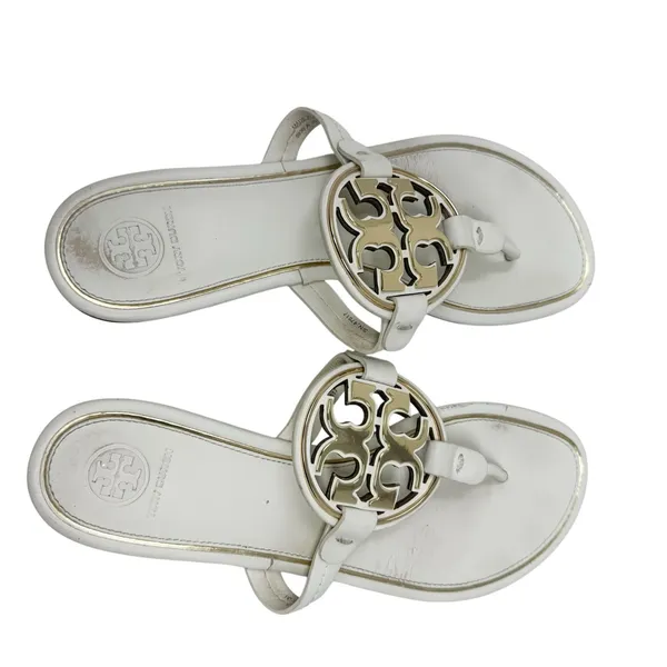 Tory Burch Miller Ivory Leather Logo Medallion Flat Sandals Size 9.5 - Image 4