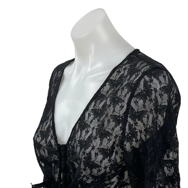 H&M Women's Black Butterfly Floral Lace Mesh Sheer Long Sleeve Crop Top Size M - Image 2
