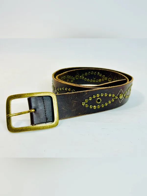 Western Brass Studded Belt, Brown Faux Leather with Studded Design - Image 4