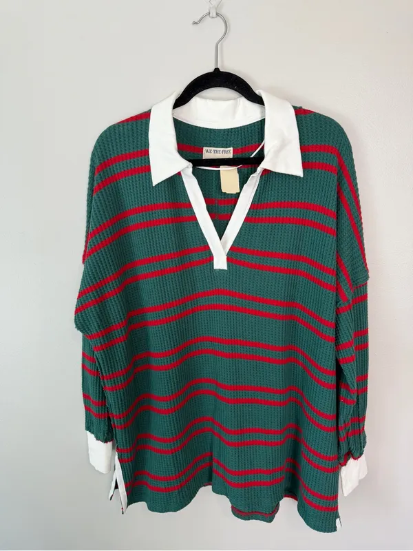 Free People Travis Polo Tee Striped Forest NWT Small - Image 3