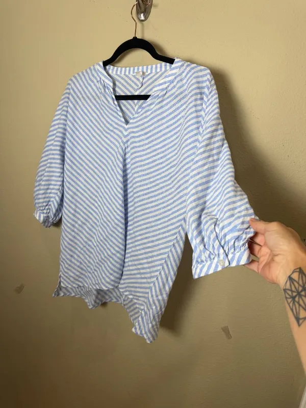 Nordstrom CASLON Blue & White Stripe Balloon Sleeve Blouse Top Size Medium - Image 2