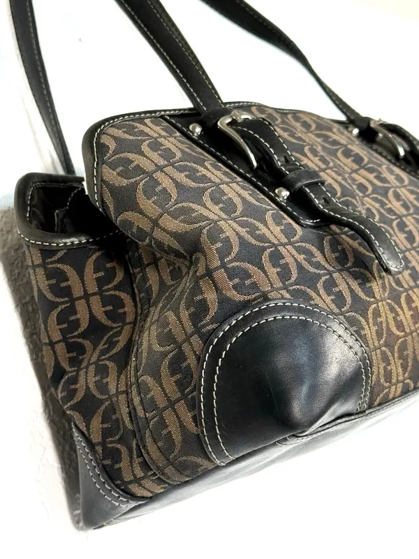 Fossil Brown Black Monogram Jacquard Leather Satchel Bag Y2K - Image 5