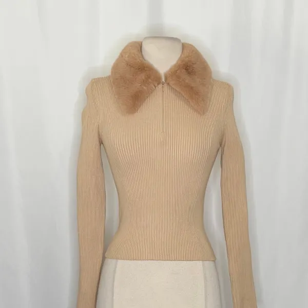 NWT!! ZARA Faux Fur Lapel Knit Sweater Tan‎ Light Brown Zipper Pullover Small - Image 3