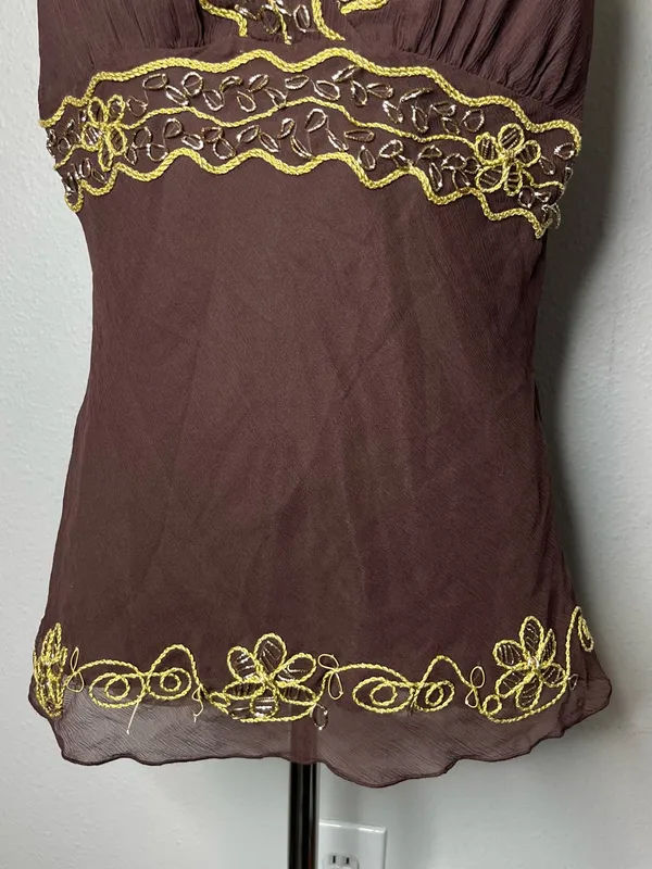 NEW Vintage Chocolate Brown 100% Silk Gold Embroidered Babydoll Top Deadstock - Image 6