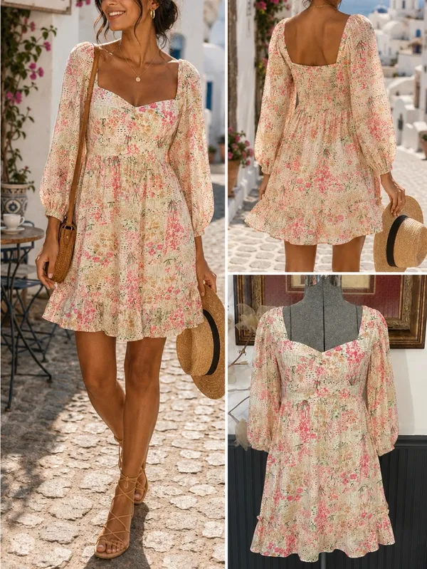 Meet Me In Santorini Floral Puff Sleeve Babydoll Cottagecore Mini Dress - XS 💚🎀 - Image 2