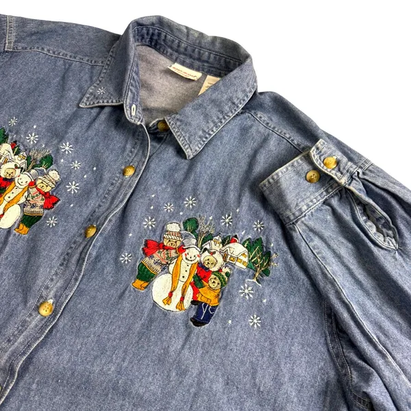 Bobbie Brooks Denim Shirt Women 18W/20W Winter Snowman Bear Christmas‎ Vintage - Image 2