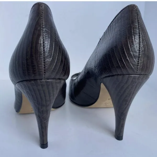 Antonio Melani Sz 6 Brown Buckle Snake Embossed Leather‎ Peep Toe Stiletto - Image 4