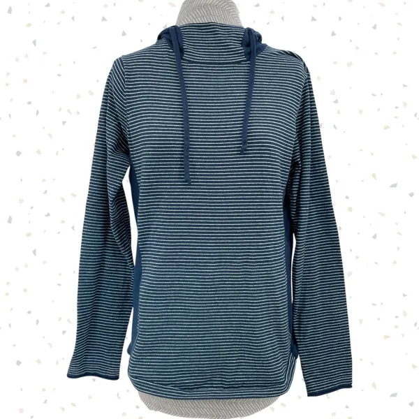 Duluth Trading S'no Sweat Hooded Sweater Navy Blue White Stripes Hoodie Size M - Image 2