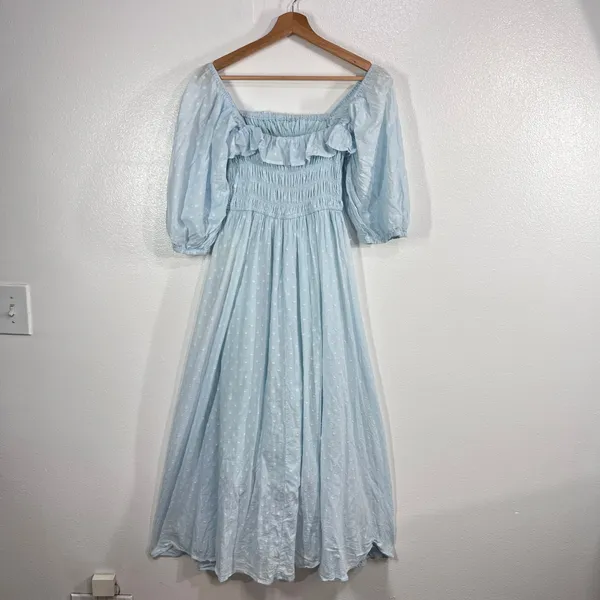 R.Vivimos Swiss Dot Smocked Maxi Dress Size Medium M‎ Light Blue Off Shoulder - Image 4