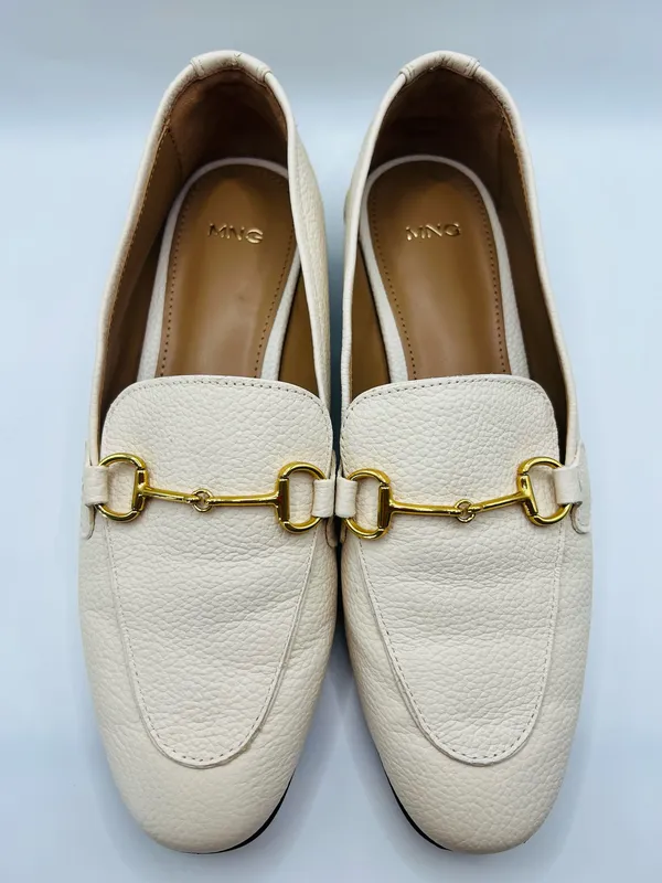 Mango MNG Leather Horsebit Loafers Ivory Pebbled Gold Bit Classic Preppy Quiet Luxury Slip On US 6 - Image 4