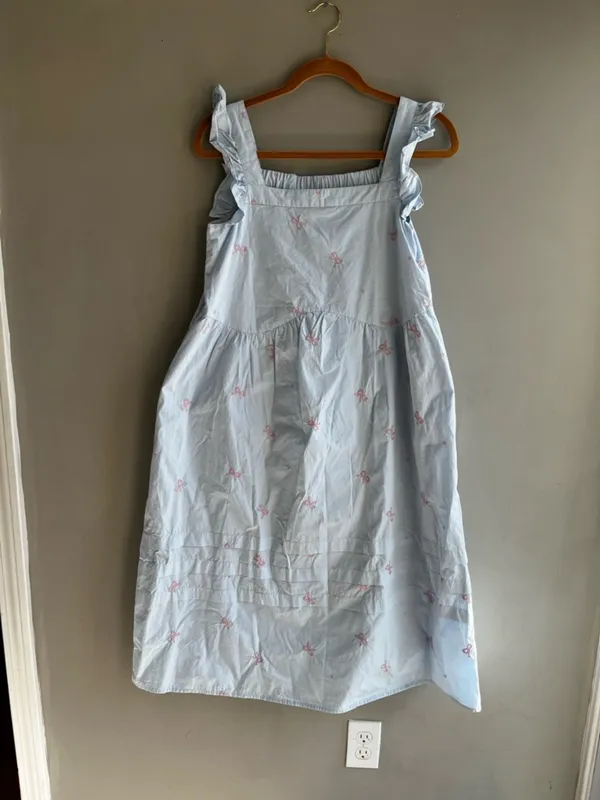 Light Blue Women’s Ruffle-Sleeve Dress with Pink Bow Embroidery Cotton Summer M - Image 5