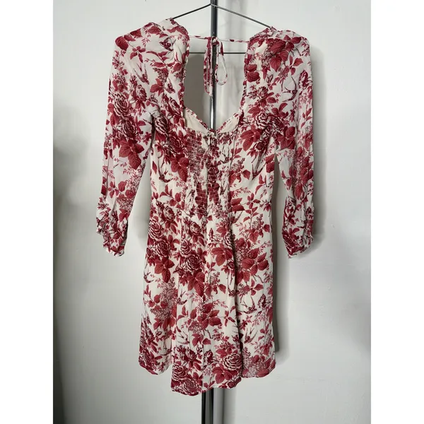 Reformation Red White Floral Toile Mini Dress Sweetheart Smocked Back Size 8 - Image 4
