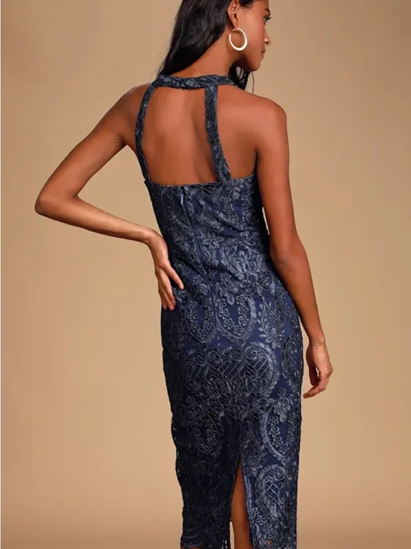Lulus Love of Lace Navy Blue Lace Midi Dress size small NWT - Image 4