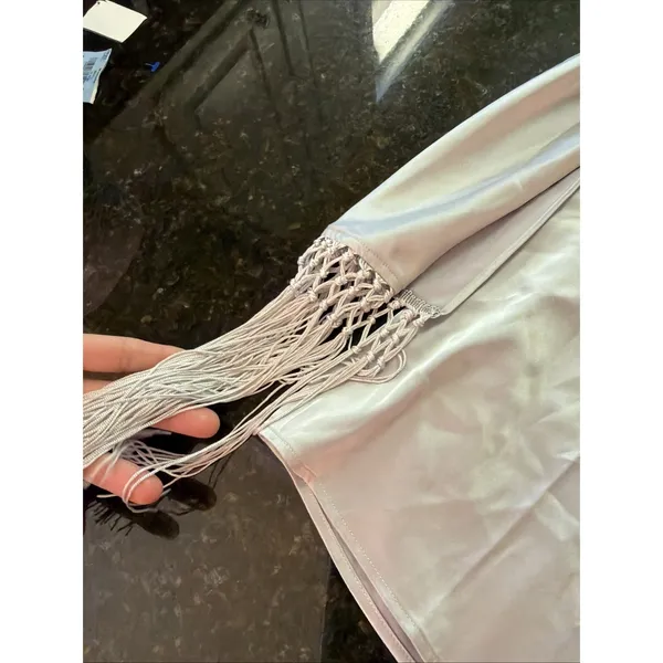 Boston Proper charmeuse‎ fringe one shoulder blouse Silver Shirt Boho Top Zip - Image 3