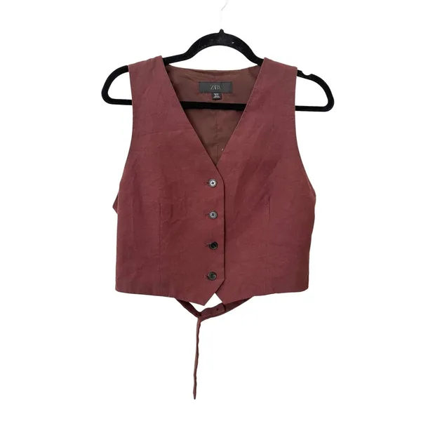 ZARA Linen Blend Cropped Open Back Waistcoat Top Brown Large - Image 2