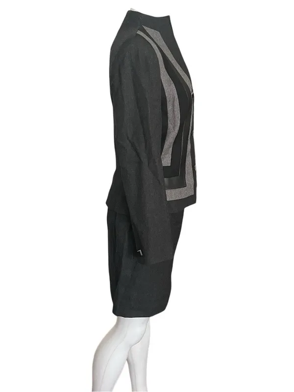 ALBERTO MAKALI Skirt Suit Worsted Wool Leather Trim Size 6 Made In USA VINTAGE - Image 4