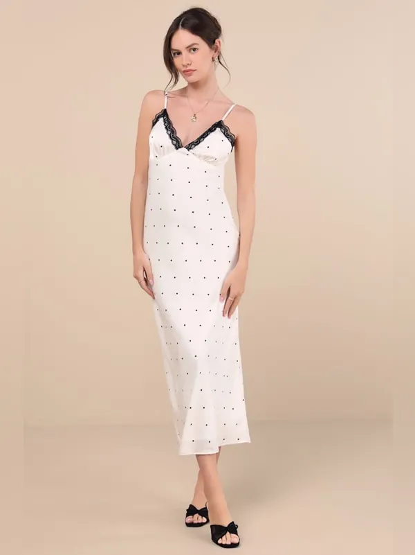 Lulus Majella Ivory Polka Dot Satin Lace Slip Midi Dress Size M - Image 2