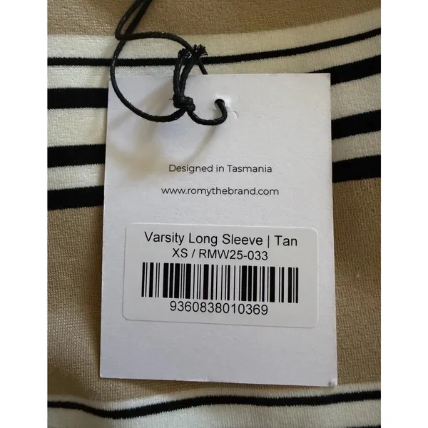 ROMY Varsity Stripe Polo Knit Top Tan Black Ivory Long Sleeve NWT XS - Image 11