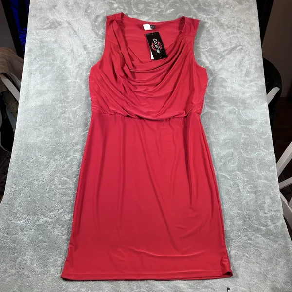Cocomo Red Dress Large Cowl Neck Blouson Knee MIDI Elastic Waist Flattering Fit - Image 3