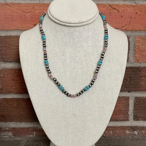 Navajo Style Pearl Necklace with Turquoise and Orange - Image 3
