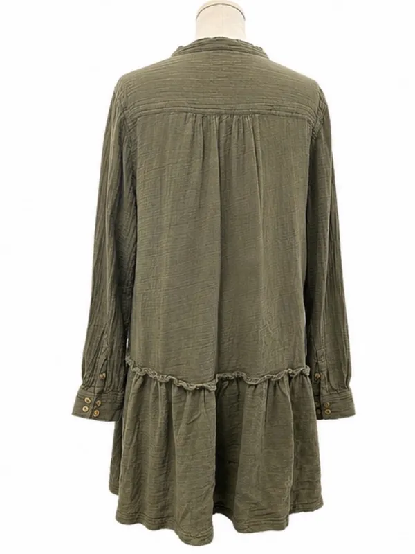 Maeve Anthropologie Olive Cotton Gauze Button Front Tiered Tunic Dress Size 12 - Image 3