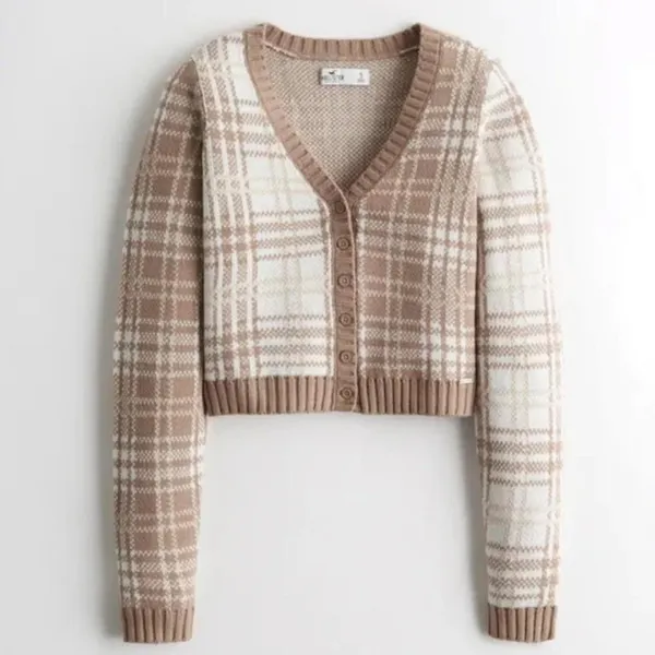 Hollister Tan Plaid Cropped Cardigan Button Front Knit Sweater Medium - Image 3