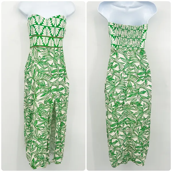 Zara Womens Green Resort Tropical Leaf Print Strapless Linen Blend Midi Dress‎ S - Image 2