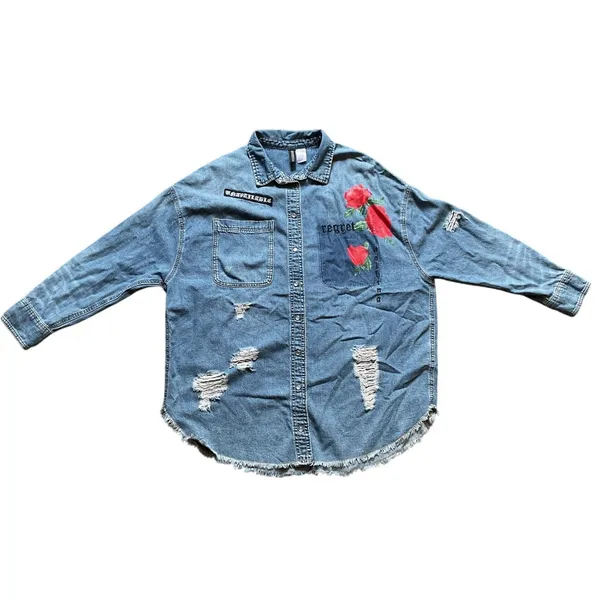 H&M Denim Shirt Women’s Oversized Grunge Y2K Distressed Rose Graphic Jean Top - Image 3