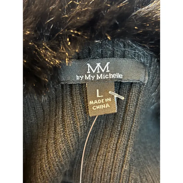 My Michelle Black Ribbed Quarter Zip Sweater Faux Fur Collar Womens Large NWT - Image 4