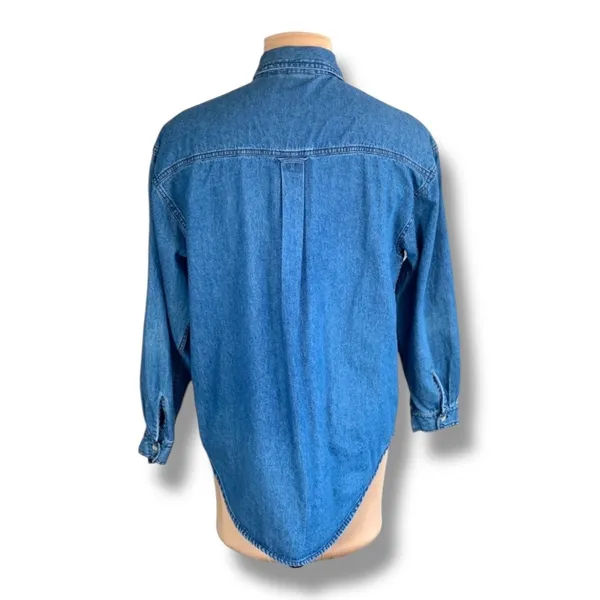 Vintage‎ 90s Denim Chambray Christmas Shirt Embroidered Mittens Medium Holiday - Image 9