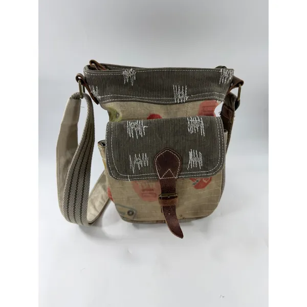 Canvas Patchwork Crossbody Bag Olive Tan Distressed Military Style Messenger - Image 2