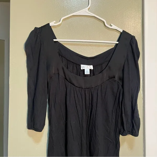Loft Women's Size Small Square Neck Blouse‎ Puff Sleeve Black Satin Trim Modal - Image 2