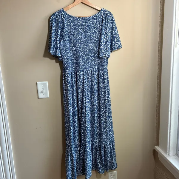 Unbranded Floral Smocked Maxi Dress 2XL Blue Womens Ruffle Tiered Flutter Sleeve - Image 8