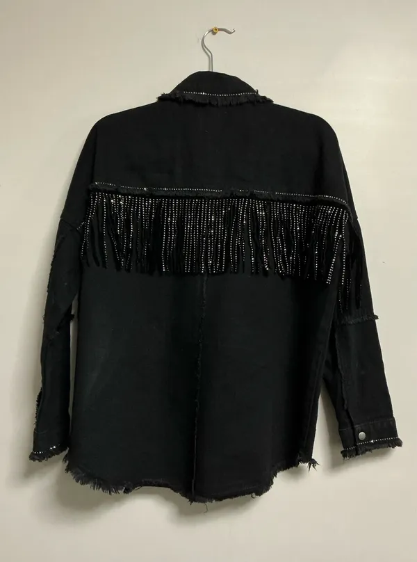 Zara Rhinestone Fringe Black Denim Jacket - Image 2
