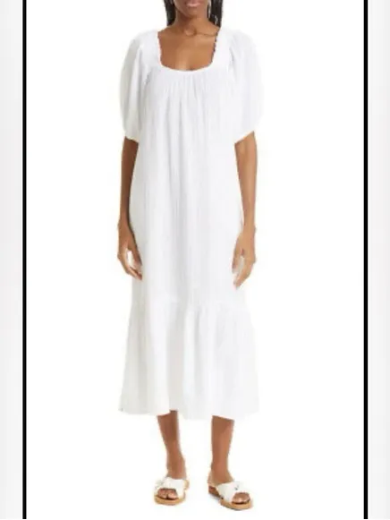XiRENA Sofia Cotton Gauze Midi Dress White Size S Small Boho Puff Sleeve Ruffle - Image 2